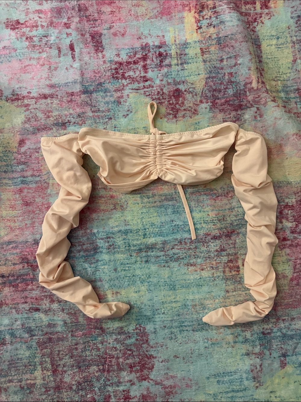 Beige Ruched Off-Shoulder Long-Sleeve Crop Top - Unbranded